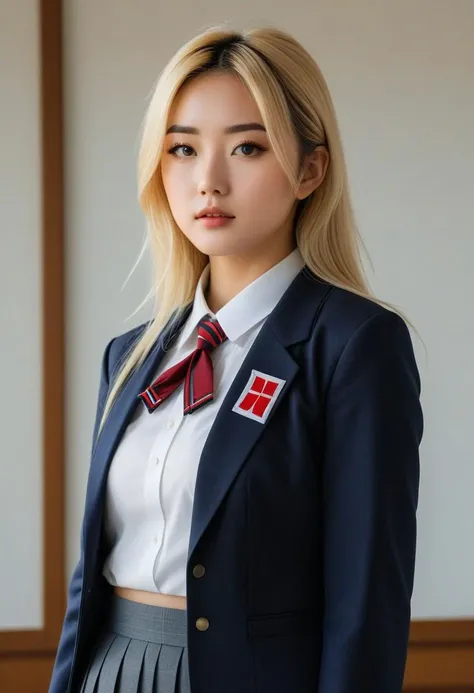 portrait of the upper half of the body ,The girl, blonde, 1 Girl, Dressed in a Japanese school uniform , at a Japanese school , an unearthly concept art Midjourney, MJ, Midjourney style, realism, cinematic quality, macro. ai copilot conceptual creative hyperrealistic