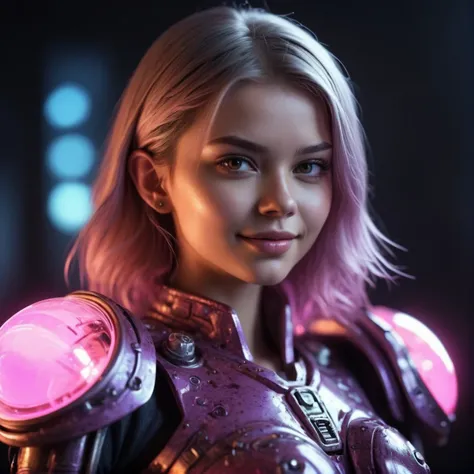transparent siver and bright purple colors, beautiful smiling girl looking like the mix of Jacqueline Bisset and Adriana Lima and Léa Seydoux futuristic uranium mine engine part isolated on dark background , detailed shot , depth of field, bokeh with neon backlight , side view , (realistic, cinematic, photorealistic,  still, hollywood effects, details, intricate:1.5), amazing, hyper beautiful, soft light, bokeh, dof, depth of field, low dof, soft focus, cinematic, detailed skin, sub surface scattering, cute, global illumination , drawing in Anime style in style of Warhammer by Tyler Edlin (strange dusty microscopic living lifeform :1.5) , close up , motion blur with neon backlight , rear view, view from behind, back view , intricate, parameters best quality, detailed, masterpiece, hyper details , (very bright red and transparent pink colors:1.5)