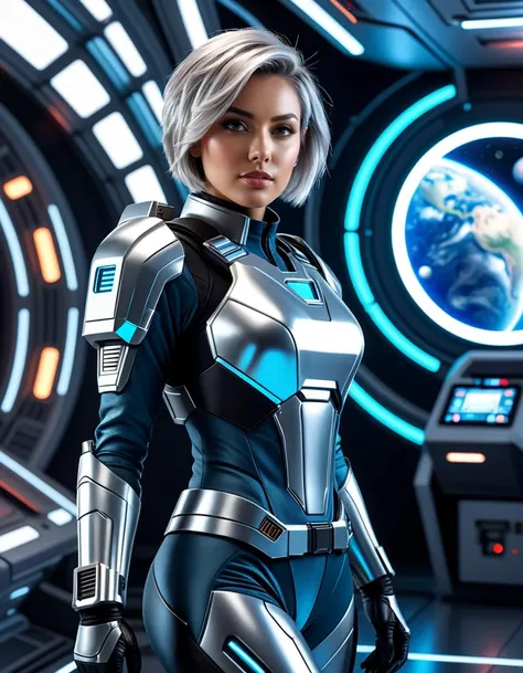 sci-fi style 4K quality, digital drawing mode, space bounty hunter-themed female character, short silver hair styled in a messy bob, wearing a sleek silver and blue armored suit with high-tech gadgets attached, holding a plasma blaster in one hand and a holographic tracker in the other, standing in a futuristic space station with planets visible in the background, radiant skin, confident and mischievous expression, full body, dynamic pose as she readies for a space chase, life size, perfect anatomy, detailed skin texture, full HD, 4K, HDR, perfect anatomy, depth of field., futuristic, technological, space themes, advanced civilizations, light leaks, lens flares