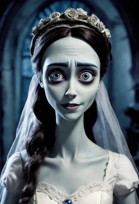 Generate an image of Emily from "The Corpse Bride" portrayed as a real person