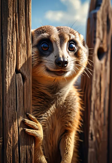 a hole in a wooden fence reveals the face of a surprised meerkat, digital painting, dramatic lighting, cinematic frame, ultra-realism