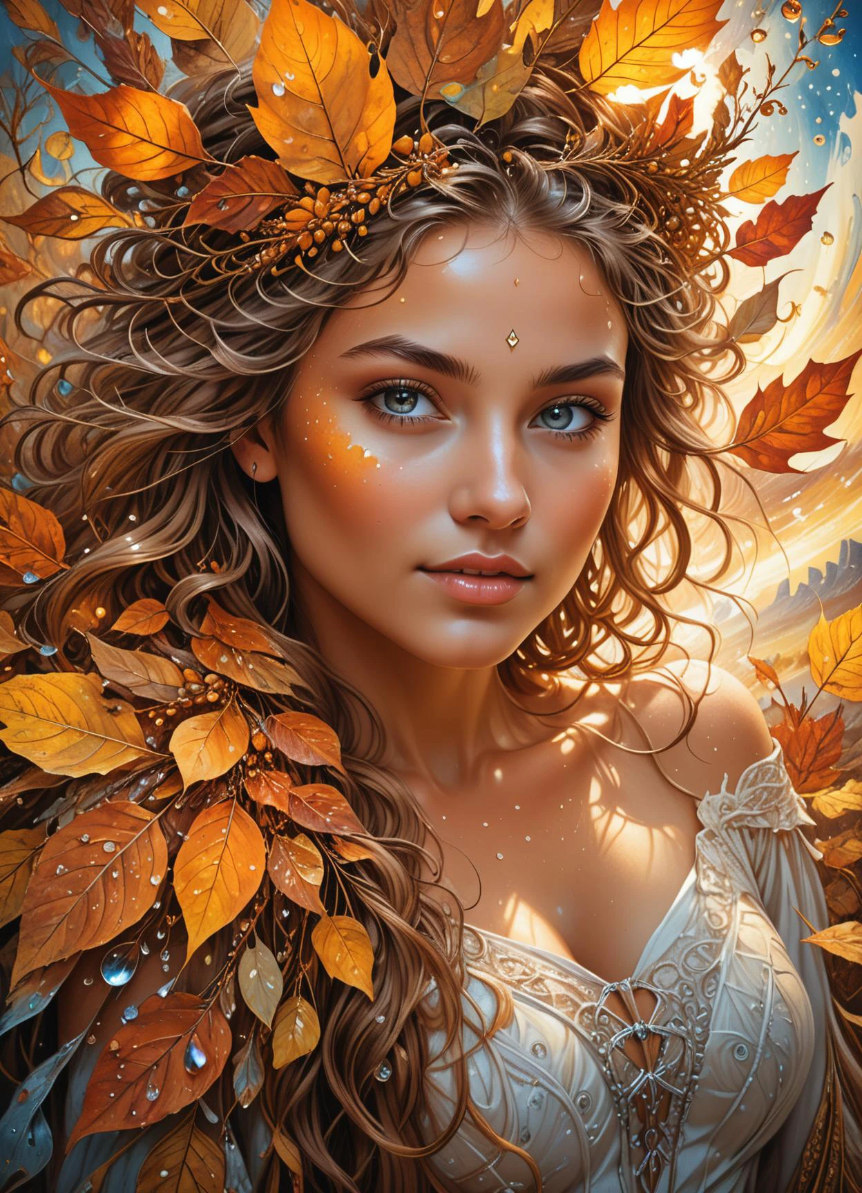 Tanned-skinned girl, eyes brimming with joy, beholds an enchanting harvest, ethereal beauty mirrored in the stylings of Millie Marotta, Meghan Howland, Phil Koch, Josephine Wall, ink art, water droplets dance down her visage, interwoven with autumnal hues and her sun-kissed complexion, luminous, ultra-fine details, ink art masterpiece.<lora:TEST:0.4> <lora:xl_more_art-full_v1:0.2> <lora:mfcgXL:0.8>, elegant