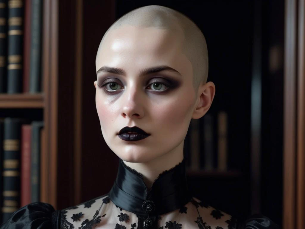 ((((impressionism painting style)))), bald, woman, shaved head, pale, dark eyeshadow, black lips, (melancholic), ((black edwardian dress)), library, close up view, dimly lit, ((brush strokes)),, <lora:add-detail-xl:0.35>, fine details, 4k resolution