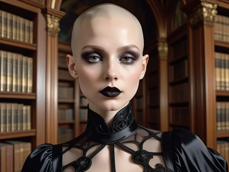 ((((alphonse mucha style)))), art nouveau, bald, woman, shaved head, pale, dark eyeshadow, black lips, ((black edwardian dress)), library, close up view,, <lora:add-detail-xl:0.35>, fine details, 4k resolution