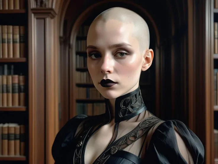 ((((alphonse mucha style)))), art nouveau, bald, woman, shaved head, pale, dark eyeshadow, black lips, (melancholic), ((black edwardian dress)), library, close up view, dimly lit, ((brush strokes)),, <lora:add-detail-xl:0.35>, fine details, 4k resolution