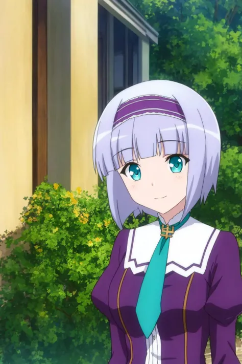 linze, anime_art_style, solo, breasts, looking_at_viewer, smile, short_hair, bangs, blue_eyes, shirt, long_sleeves, dress, medium_breasts, sitting, closed_mouth, upper_body, grey_hair, hairband, outdoors, necktie, puffy_sleeves, blunt_bangs, aqua_eyes, frown, bob_cut, juliet_sleeves, light_purple_hair, purple_dress, purple_hairband