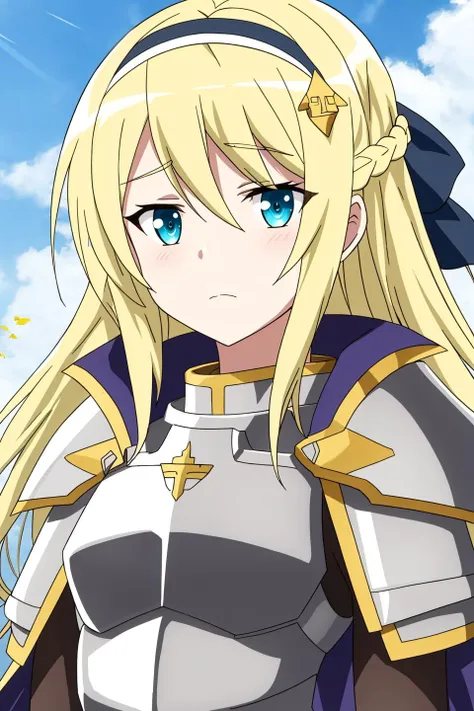 hildegard, anime_art_style, solo, long_hair, looking_at_viewer, bangs, blue_eyes, blonde_hair, hair_ornament, bow, ribbon, hair_between_eyes, very_long_hair, closed_mouth, hair_ribbon, upper_body, braid, hair_bow, sidelocks, hairband, hairclip, cape, armor, aqua_eyes, frown, shoulder_armor, gauntlets, white_hairband, armored_dress, knight, plate_armor, boobplate, white_armor