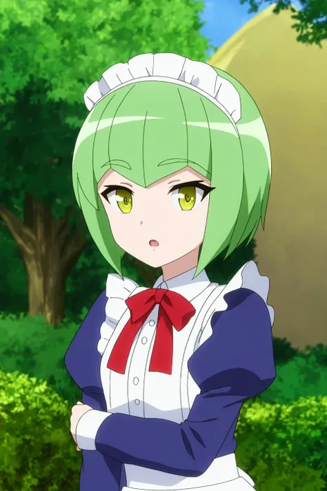 francesca, anime_art_style, solo, looking_at_viewer, short_hair, open_mouth, bangs, shirt, long_sleeves, dress, bow, ribbon, green_eyes, yellow_eyes, upper_body, outdoors, frills, parted_lips, green_hair, day, puffy_sleeves, collared_shirt, bowtie, blurry, :o, red_bow, flat_chest, collar, red_ribbon, tree, maid, maid_headdress, neck_ribbon, buttons, depth_of_field, blurry_background, blue_dress, blue_shirt, robot, juliet_sleeves, red_bowtie, nature, purple_dress, puffy_long_sleeves, android, robot_ears, light_green_hair, anime_coloring