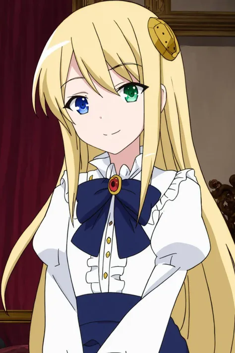 yumina, anime_art_style, solo, long_hair, looking_at_viewer, smile, bangs, blonde_hair, shirt, hair_ornament, long_sleeves, dress, ribbon, jewelry, sitting, very_long_hair, white_shirt, upper_body, sidelocks, frills, puffy_sleeves, bowtie, shiny_hair, juliet_sleeves, brooch, straight_hair, center_frills, blue_eyes, green_eyes, heterochromia