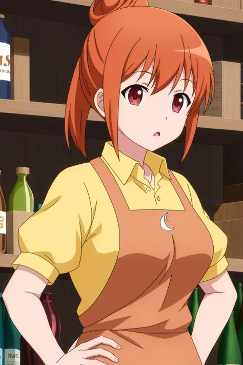 micah, anime_art_style, solo, long_hair, breasts, looking_at_viewer, short_hair, open_mouth, bangs, brown_hair, shirt, red_eyes, brown_eyes, medium_breasts, upper_body, ponytail, short_sleeves, sidelocks, red_hair, parted_lips, puffy_sleeves, collared_shirt, indoors, pink_eyes, hair_bun, orange_hair, :o, apron, puffy_short_sleeves, hand_on_hip, single_hair_bun, bottle, yellow_shirt, shelf, anime_coloring, polo_shirt, yellow_apron, brown_apron, mifune_miyu