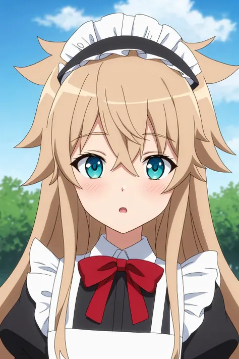 lene, anime_art_style, solo, long_hair, looking_at_viewer, blush, open_mouth, bangs, blue_eyes, blonde_hair, brown_hair, shirt, 1boy, dress, bow, ribbon, hair_between_eyes, green_eyes, upper_body, male_focus, sidelocks, outdoors, frills, parted_lips, sky, alternate_costume, day, cloud, bowtie, blurry, :o, apron, black_dress, red_bow, aqua_eyes, red_ribbon, tree, blue_sky, maid, maid_headdress, neck_ribbon, blurry_background, light_brown_hair, cloudy_sky, messy_hair, red_bowtie, portrait, close-up, maid_apron, crossdressing, crossed_bangs, enmaided, official_style, anime_coloring