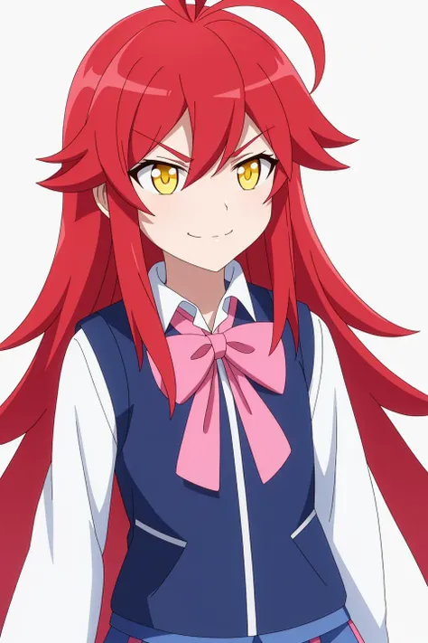 fredmonica, anime_art_style, solo, long_hair, smile, bangs, skirt, simple_background, shirt, long_sleeves, white_background, dress, bow, ribbon, hair_between_eyes, very_long_hair, closed_mouth, jacket, yellow_eyes, upper_body, ahoge, sidelocks, red_hair, grey_background, vest, flat_chest, blue_skirt, coat, v-shaped_eyebrows, looking_to_the_side, looking_away, white_jacket, pink_bow, blue_jacket, hair_flaps, pink_ribbon, meme, smug, >:), blue_vest