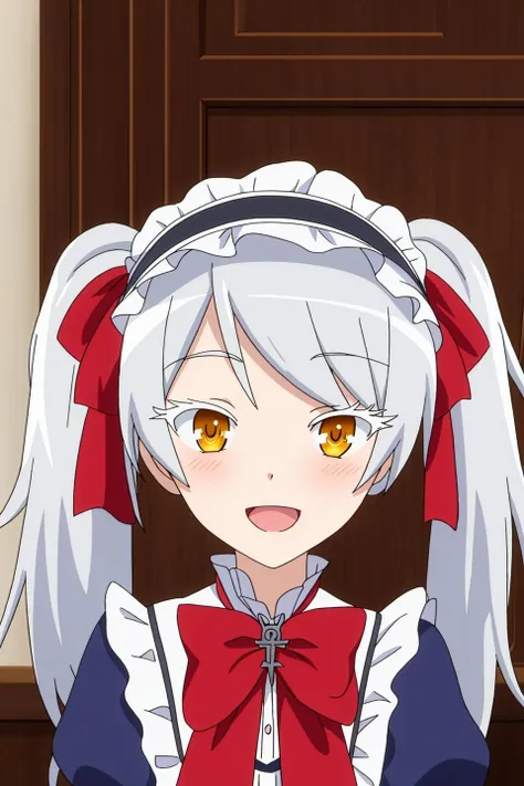 leen, anime_art_style, solo, long_hair, looking_at_viewer, blush, smile, open_mouth, bangs, dress, bow, ribbon, twintails, brown_eyes, school_uniform, hair_ribbon, yellow_eyes, upper_body, white_hair, :d, grey_hair, hairband, frills, bowtie, red_bow, orange_eyes, maid, maid_headdress, eyelashes, blue_dress, chair, cross, blue_ribbon, red_bowtie, portrait, lolita_fashion, colored_eyelashes, gothic_lolita, headdress, lolita_hairband, frilled_hairband, anime_coloring