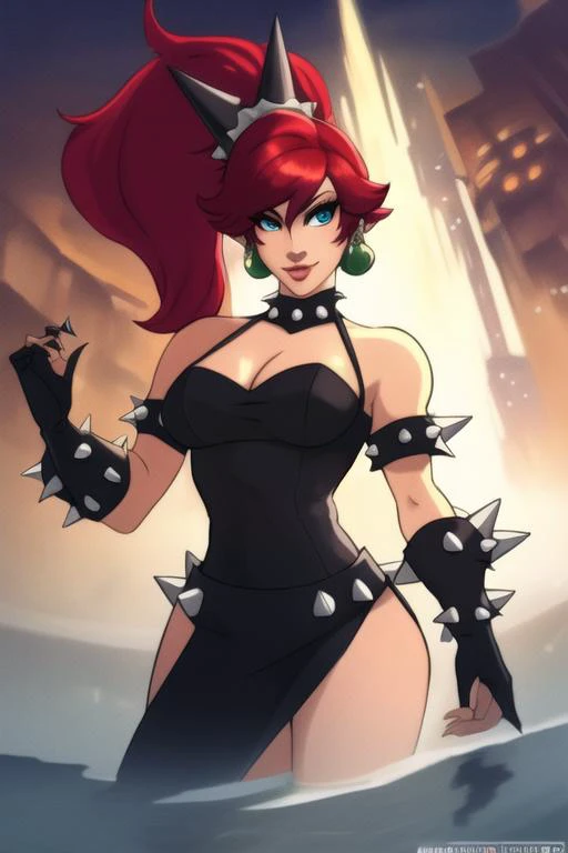 A solo woman depicted wearing a distinctive and iconic costume inspired by Bowser, the main antagonist of the Super Mario series. The woman should have a large and imposing physique, with a rugged and imposing appearance, and a set of distinctive and recognizable features such as a thick, armored shell, sharp claws, and a row of large, spiky protrusions on her back. She should have long, flowing hair with a shimmering, metallic sheen, and piercing eyes with a bright, sparkling quality. She should be shown posing confidently and assertively, with her body posture and facial expression conveying her strength and determination. The lighting should be natural and atmospheric, and the overall aesthetic should be powerful and dramatic. The image should be rendered in a realistic style, using vibrant and lifelike colors and highly detailed textures. The composition should be dynamic and engaging, with the environment serving as the backdrop for the female Bowser's distinctive and iconic costume and her confident and assertive pose.