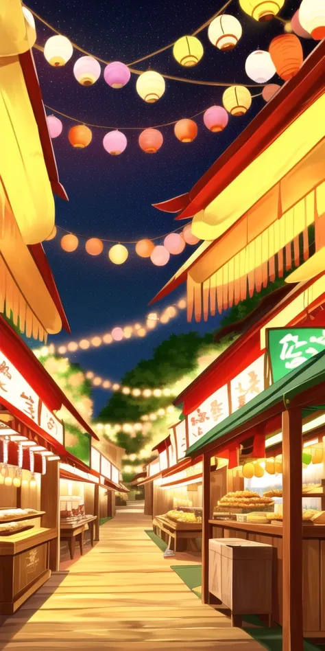 japanese festival, scenery, detailed, masterpiece, autumn, sharp, festival, lanterns, ((food stalls)), ((food porn)), spirited away