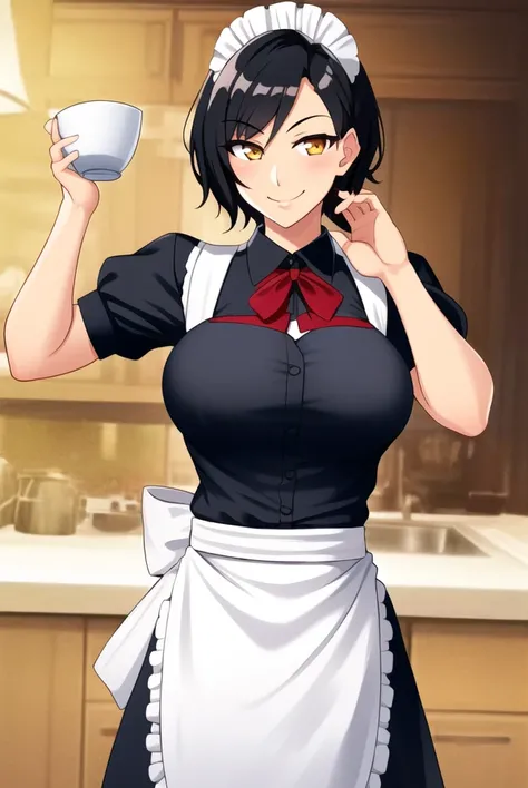 maid, short hair, black hair, best quality, 1girl, smiling, apron, big breasts, milf, mature, golden eyes