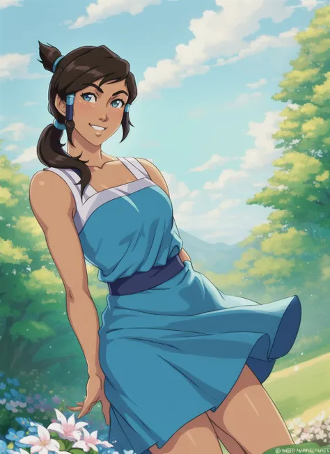 Korra, the Avatar and master of all four elements, depicted in a casual and relaxed pose wearing a sundress. The sundress should be colorful and vibrant, with a natural and flowing design that complements Korra's figure. The image should show Korra interacting with the environment, such as enjoying a sunny day or spending time with friends. The lighting should be natural and atmospheric, and the overall aesthetic should be peaceful and serene. The image should be rendered in a realistic style, using vibrant and lifelike colors and highly detailed textures. The composition should be dynamic and engaging, with the environment serving as the backdrop for Korra's casual and relaxed pose.