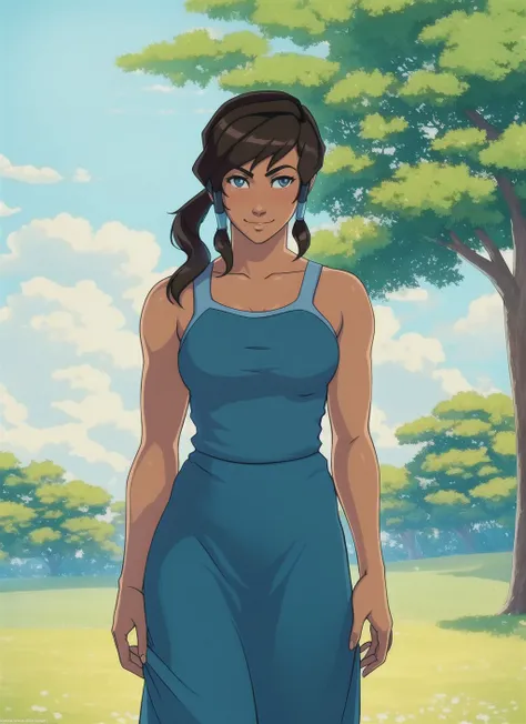 Korra, the Avatar and master of all four elements, depicted in a casual and relaxed pose wearing a sundress. The sundress should be colorful and vibrant, with a natural and flowing design that complements Korra's figure. The image should show Korra interacting with the environment, such as enjoying a sunny day or spending time with friends. The lighting should be natural and atmospheric, and the overall aesthetic should be peaceful and serene. The image should be rendered in a realistic style, using vibrant and lifelike colors and highly detailed textures. The composition should be dynamic and engaging, with the environment serving as the backdrop for Korra's casual and relaxed pose.