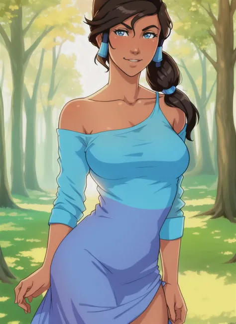 Korra, the Avatar and master of all four elements, depicted in a casual and relaxed pose wearing a sundress. The sundress should be colorful and vibrant, with a natural and flowing design that complements Korra's figure. The image should show Korra interacting with the environment, such as enjoying a sunny day or spending time with friends. The lighting should be natural and atmospheric, and the overall aesthetic should be peaceful and serene. The image should be rendered in a realistic style, using vibrant and lifelike colors and highly detailed textures. The composition should be dynamic and engaging, with the environment serving as the backdrop for Korra's casual and relaxed pose.