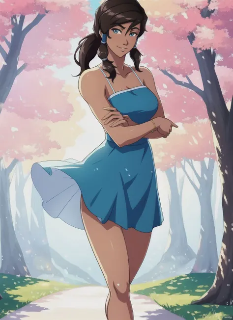 Korra, the Avatar and master of all four elements, depicted in a casual and relaxed pose wearing a sundress. The sundress should be colorful and vibrant, with a natural and flowing design that complements Korra's figure. The image should show Korra interacting with the environment, such as enjoying a sunny day or spending time with friends. The lighting should be natural and atmospheric, and the overall aesthetic should be peaceful and serene. The image should be rendered in a realistic style, using vibrant and lifelike colors and highly detailed textures. The composition should be dynamic and engaging, with the environment serving as the backdrop for Korra's casual and relaxed pose.