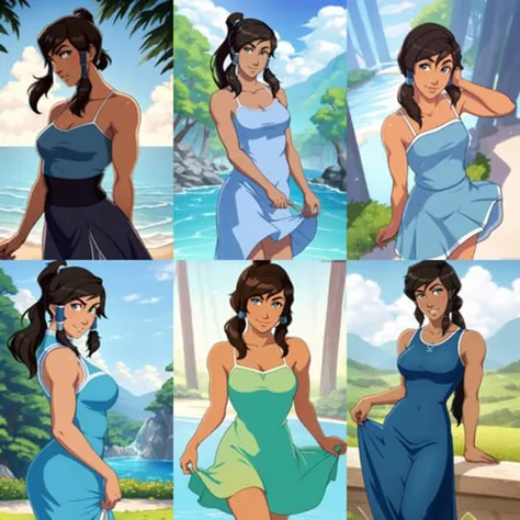 Korra, the Avatar and master of all four elements, depicted in a casual and relaxed pose wearing a sundress. The sundress should be colorful and vibrant, with a natural and flowing design that complements Korra's figure. The image should show Korra interacting with the environment, such as enjoying a sunny day or spending time with friends. The lighting should be natural and atmospheric, and the overall aesthetic should be peaceful and serene. The image should be rendered in a realistic style, using vibrant and lifelike colors and highly detailed textures. The composition should be dynamic and engaging, with the environment serving as the backdrop for Korra's casual and relaxed pose.