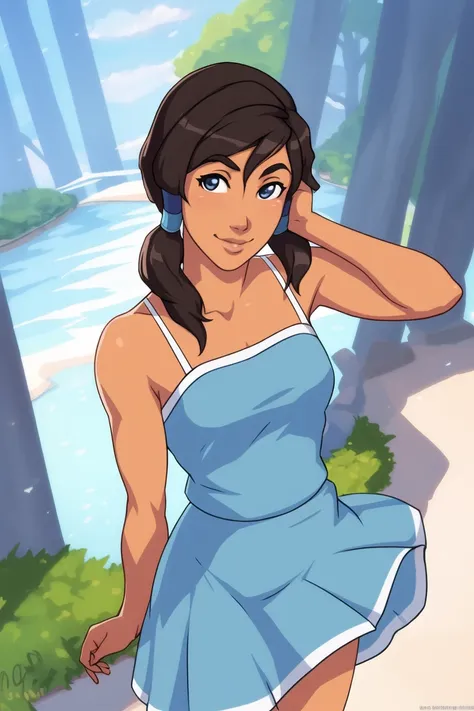 Korra, the Avatar and master of all four elements, depicted in a casual and relaxed pose wearing a sundress. The sundress should be colorful and vibrant, with a natural and flowing design that complements Korra's figure. The image should show Korra interacting with the environment, such as enjoying a sunny day or spending time with friends. The lighting should be natural and atmospheric, and the overall aesthetic should be peaceful and serene. The image should be rendered in a realistic style, using vibrant and lifelike colors and highly detailed textures. The composition should be dynamic and engaging, with the environment serving as the backdrop for Korra's casual and relaxed pose.