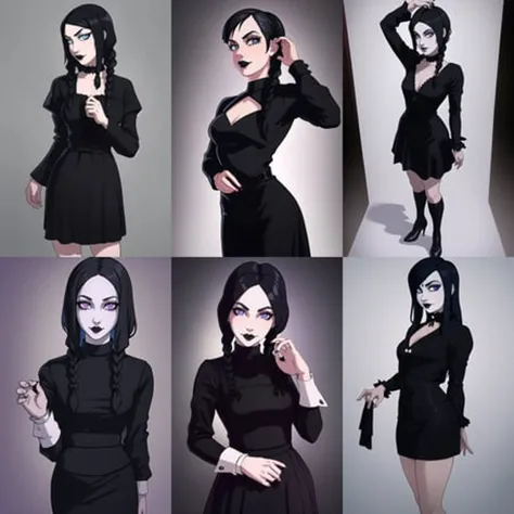 Wednesday Adams, the iconic and gothic character from The Addams Family. The costume should be highly detailed and accurately depict Wednesday's appearance and features, including her distinctive black dress and braids. The image should show Wednesday in a stoic and introspective pose, with her body posture and facial expression conveying her intelligence and wit. The lighting should be natural and atmospheric, and the overall aesthetic should be gothic and mysterious. The image should be rendered in a realistic style, using vibrant and lifelike colors and highly detailed textures. The composition should be dynamic and engaging, with Dora's costume serving as the main focus of the image.