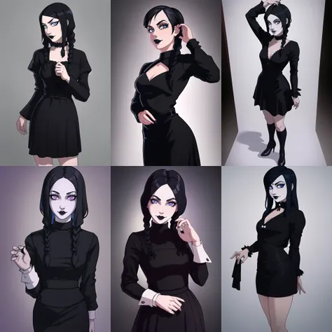 Wednesday Adams, the iconic and gothic character from The Addams Family. The costume should be highly detailed and accurately depict Wednesday's appearance and features, including her distinctive black dress and braids. The image should show Wednesday in a stoic and introspective pose, with her body posture and facial expression conveying her intelligence and wit. The lighting should be natural and atmospheric, and the overall aesthetic should be gothic and mysterious. The image should be rendered in a realistic style, using vibrant and lifelike colors and highly detailed textures. The composition should be dynamic and engaging, with Dora's costume serving as the main focus of the image.