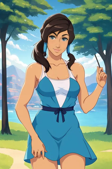 Korra, the Avatar and master of all four elements, depicted in a casual and relaxed pose wearing a sundress. The sundress should be colorful and vibrant, with a natural and flowing design that complements Korra's figure. The image should show Korra interacting with the environment, such as enjoying a sunny day or spending time with friends. The lighting should be natural and atmospheric, and the overall aesthetic should be peaceful and serene. The image should be rendered in a realistic style, using vibrant and lifelike colors and highly detailed textures. The composition should be dynamic and engaging, with the environment serving as the backdrop for Korra's casual and relaxed pose.
