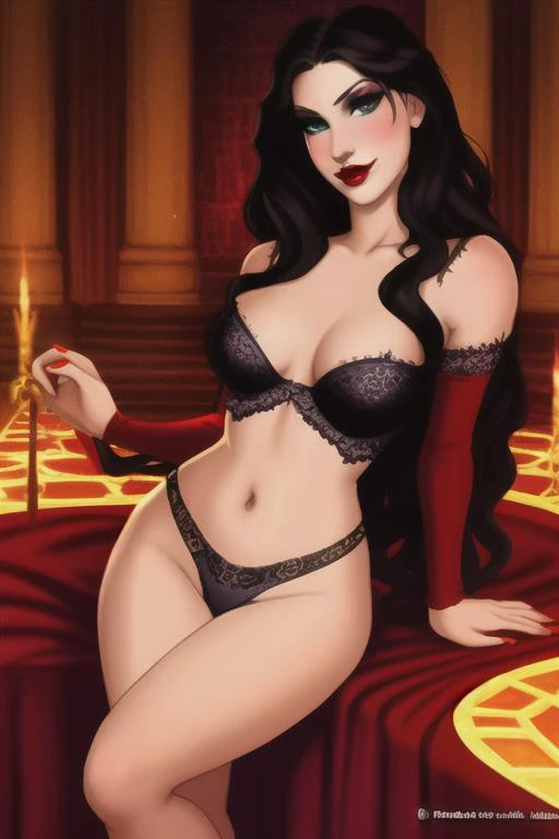 Enchanting, seductive, beautiful woman with gothic makeup wearing skimpy and revealing clothing, provocatively posed, smoldering gaze, rich red lips, flowing locks, dim lighting, hint of curves, art by Peter Paul Rubens, John William Waterhouse, and Gustav Klimt
