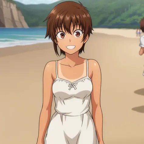 score_8_up, BREAK, NagisaFujima, solo, 1girl,brown hair,short hair,brown eyes,tan, sundress, anime screencap, cowboy shot, tanlines, beach, <lora:NagisaFujimaXLpony001:1>, depth of field, smile,