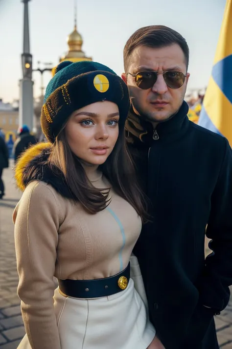 candid photograph of (woman and man together) S375_VeronikaZolotova wearing a turtleneck sweater and fur jacket and wool skirt ((embracing)) Ukrainian President<lora:Zelenskyy2:0.7>zelenskyy,(3/4 shot),(slight smirk),Kilo class submarine in the background,sunglasses,((Ushanka)),Ukrainian flag,(blue and yellow flag),((Kyiv))