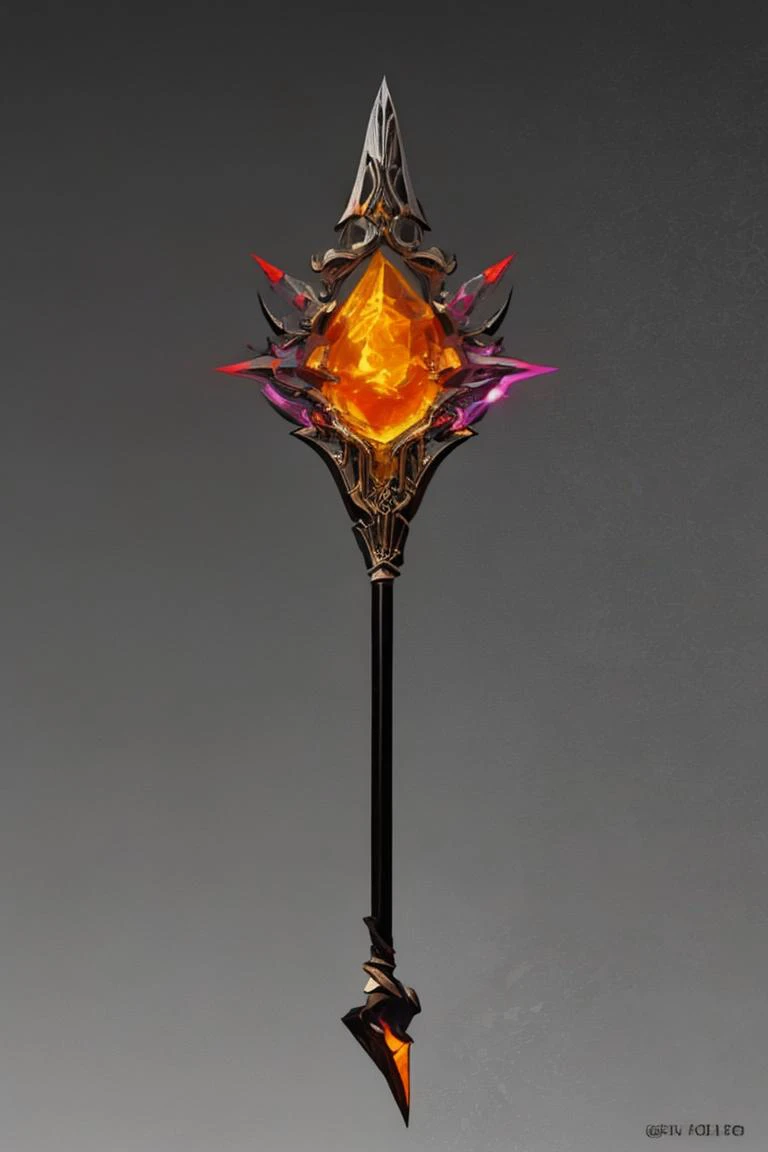 breathtaking full shot, hdr, dynamic lighting, (masterpiece, top quality, best quality, official art, beautiful and aesthetic:1.2),(8k, best quality, masterpiece:1.2), weapon, no humans, epic glowing darkness staff, fantasy, orange gemstone, light particles, reflective surface, still life, glowing weapon, floating, glowing, simple background, <lora:Mild detail adjusterV10:0.2> <lora:CGgameweaponicon gsw:1> CGgameweaponicon gsw (edgQuality:1), <lora:lcm-lora-sdv1-5:0.7>, masterpiece, award-winning, professional, highly detailed, Vector art, Vivid colors, Clean lines, Sharp edges, Minimalist, Precise geometry, Simplistic, Smooth curves, Bold outlines, Crisp shapes, Flat colors, Illustration art piece, High contrast shadows, Technical illustration, Graphic design, Vector graphics, High contrast, Precision artwork, Linear compositions, Scalable artwork, Digital art