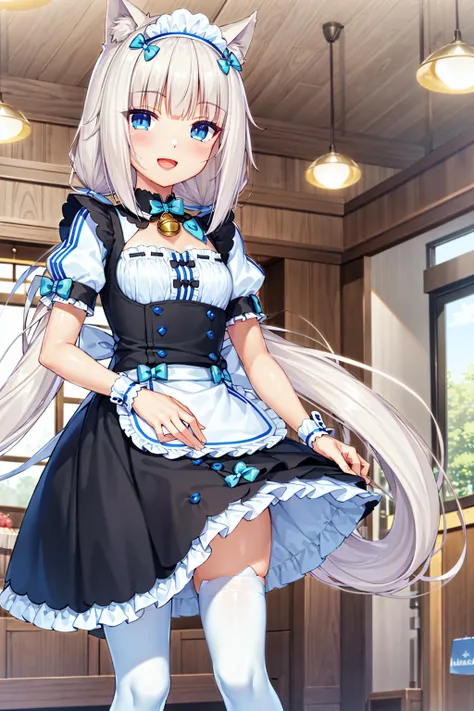 best quality, (masterpiece:1.2), detailed,
<lora:chara_Nekopara_Vanilla_v1:0.8>,
1girl, solo, open mouth, light smile, cat ears,
white hair, blue eyes, slit pupils, very long hair, twintails,
maid, black dress, wrist cuffs, neck bell, puffy short sleeves, white thighhighs, blue footwear,
standing, looking at the viewer,
indoors, cafe
