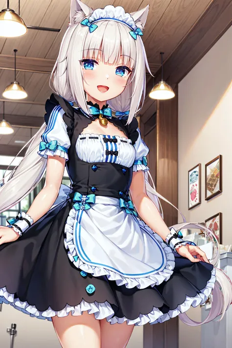 best quality, (masterpiece:1.2), detailed,
<lora:chara_Nekopara_Vanilla_v1:0.8>,
1girl, solo, open mouth, light smile, cat ears,
white hair, blue eyes, slit pupils, very long hair, twintails,
maid, black dress, wrist cuffs, neck bell, puffy short sleeves,
standing, looking at the viewer,
indoors, cafe