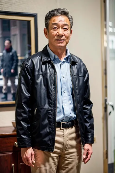 best quality, ultra high res, (photorealistic:1.4), masterpiece, blurry background,indoors,1boy,standing ,(looking at viewer), black leather coat, <lora:lixinmin:0.8>