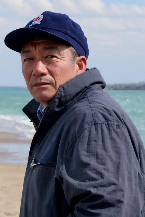 photo of a (men),serious look ,standing at (beach), portrait photo, (closeup:1.2), <lora:lixinmin:0.8>