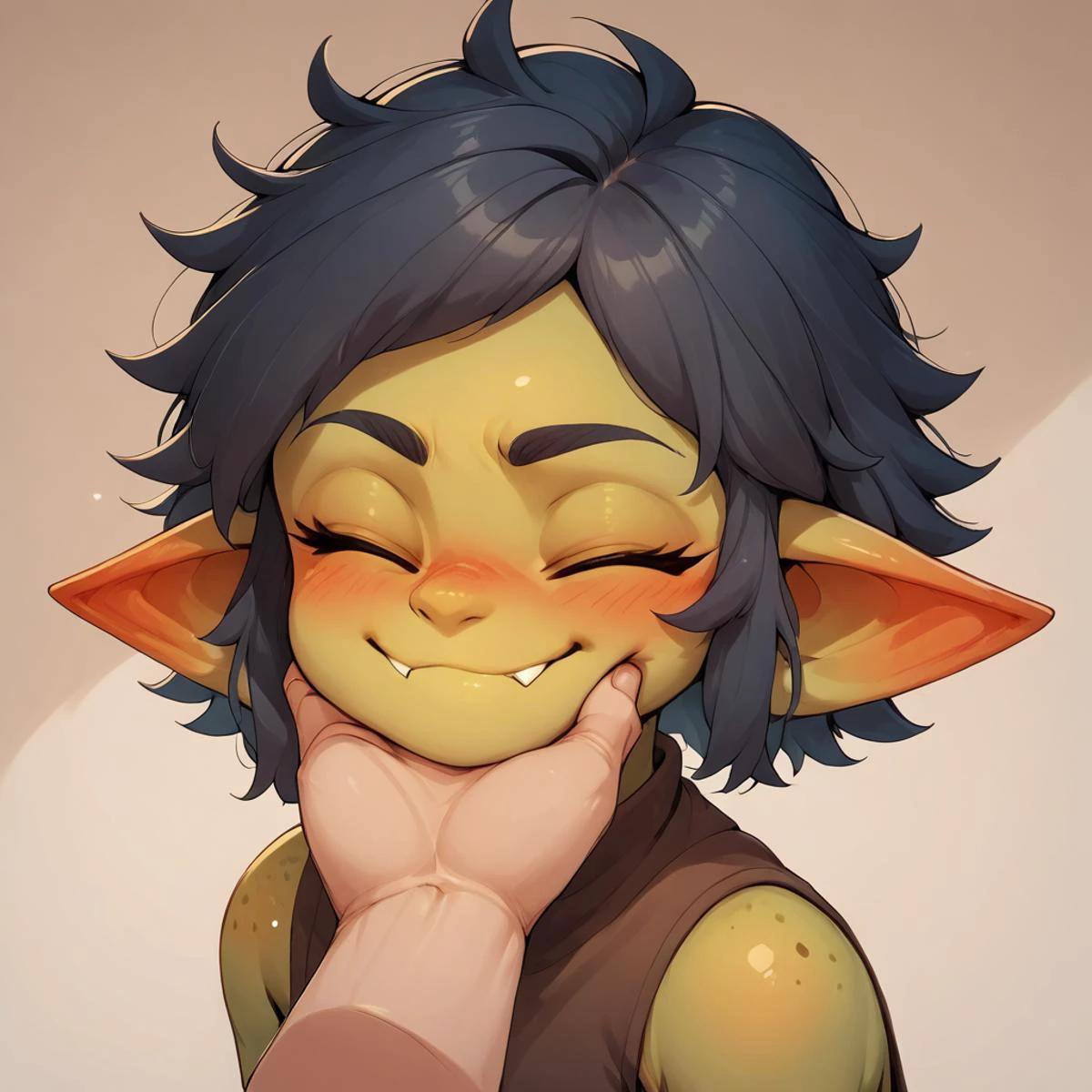 score_9, score_8_up, score_7_up, score_6_up, score_5_up, chin grab, 1girl, Gaby, looking at viewer, blush, upper body, 1boy, disembodied limb, disembodied arm, closed eyes, slight smile, slight blush <lora:Gaby_the_goblin_0.4:0.8> <lora:VillainousFaceHoldXLv2:0.8>