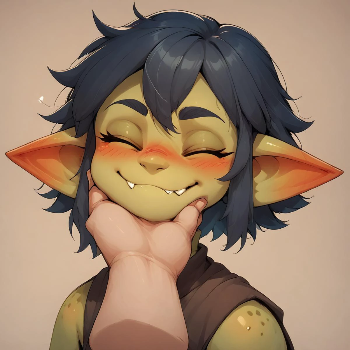 score_9, score_8_up, score_7_up, score_6_up, score_5_up, chin grab, 1girl, Gaby, looking at viewer, blush, upper body, 1boy, disembodied limb, disembodied arm, closed eyes, slight smile <lora:Gaby_the_goblin_0.4:1> <lora:VillainousFaceHoldXLv2:1>