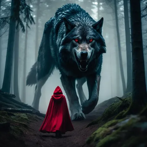 cinematic film still of <lora:Little Red Riding Hood style:1.2>
In The Woods a woman in a red cloak is walking in front of a giant wolf monster Full Shot Little Red Riding Hood Style, shallow depth of field, vignette, highly detailed, high budget, bokeh, cinemascope, moody, epic, gorgeous, film grain, grainy