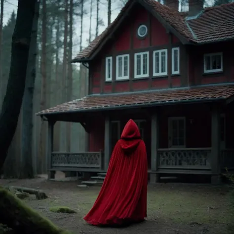 cinematic film still of <lora:Little Red Riding Hood style:1.2>
In the Woods Little Red Riding Hood a woman in a red cloak stands in front of a house Full Shot Little Red Riding Hood Style, shallow depth of field, vignette, highly detailed, high budget, bokeh, cinemascope, moody, epic, gorgeous, film grain, grainy