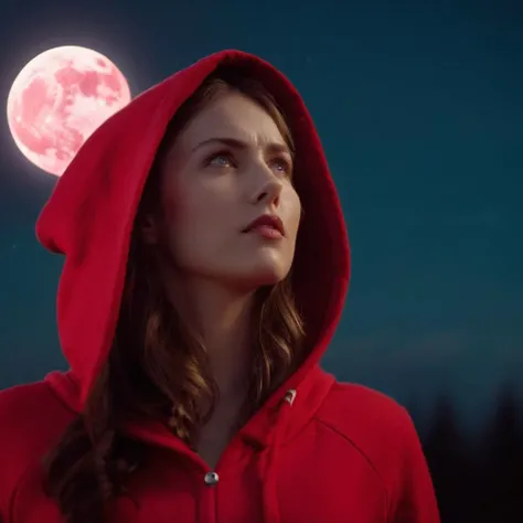cinematic film still of <lora:Little Red Riding Hood style:1.2>
Aa woman in a red hoodie stares up at full moon in sky Little Red Riding Hood Style, shallow depth of field, vignette, highly detailed, high budget, bokeh, cinemascope, moody, epic, gorgeous, film grain, grainy