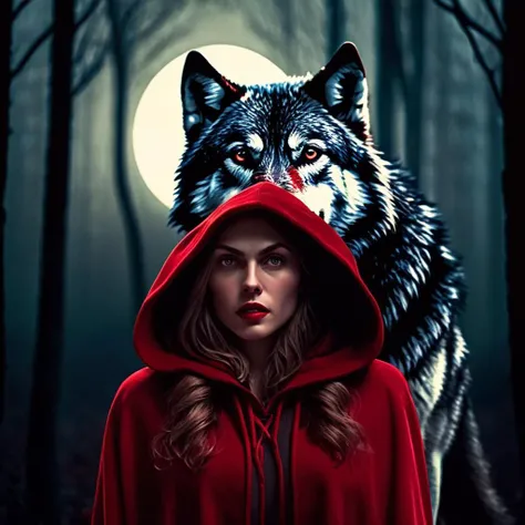 cinematic film still of <lora:Little Red Riding Hood style:1.2>
Little Red Riding Hood a woman in a red hoodie and a wolf with full moon in background in the woods Full Shot Little Red Riding Hood Style, shallow depth of field, vignette, highly detailed, high budget, bokeh, cinemascope, moody, epic, gorgeous, film grain, grainy