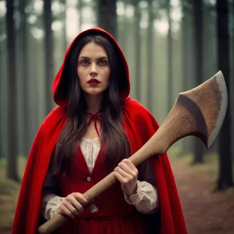 cinematic film still of <lora:Little Red Riding Hood:1.2> Cinematic Film Scene
Little Red Riding Hood a woman dressed in a red cloak holding a big wodden axe, shallow depth of field, vignette, highly detailed, high budget, bokeh, cinemascope, moody, epic, gorgeous, film grain, grainy