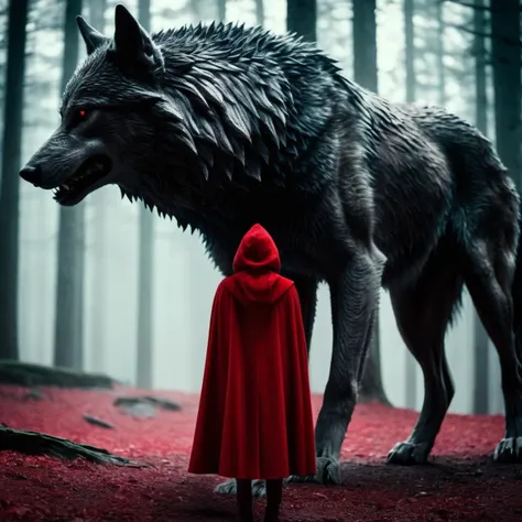cinematic film still of  <lora:Little Red Riding Hood:1.2> Cinematic Film Scene
Little Red Riding Hood a woman in a red cape is standing in front of a giant wolf demon, shallow depth of field, vignette, highly detailed, high budget, bokeh, cinemascope, moody, epic, gorgeous, film grain, grainy