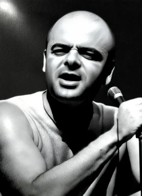 portrait of sks man ((lucaprodan:1)), without hair,high detailed face, with a microphone in the hand, 8k <lyco:locon_perfecteyes_v1_from_v1_64_32:0.80> <lora:lucaprodan:1>