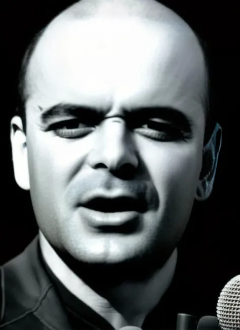portrait of sks man ((lucaprodan:1)), without hair,high detailed face, with a microphone in the hand, 8k <lyco:locon_perfecteyes_v1_from_v1_64_32:0.80> <lora:lucaprodan:1>