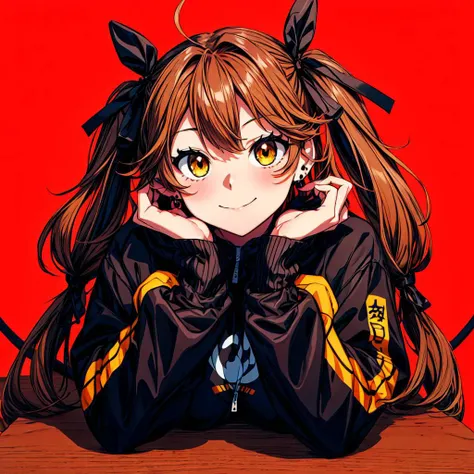 sisigami reona,solo,1girl,<lyco:sisigami reona_:0.7>,1girl, brown hair, solo, cup, hair ribbon, smile, tail, ribbon, hood, looking at viewer, long hair, black ribbon, breasts, jewelry, long sleeves, phone, smartphone, cellphone, teacup, coffee, hoodie, yellow eyes, earrings, ahoge, jacket, bangs, sleeves past wrists, black hoodie, zipper, saucer, table, twintails, virtual youtuber, head rest, closed mouth, own hands together, breast rest, large breasts, black jacket, two side up, clothes writing, brown eyes, pov across table,<lora:flat2:-1>,<lora:boldline2:-0.5>