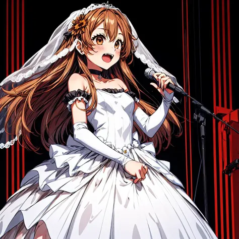 sisigami reona,solo,1girl,<lyco:sisigami reona_:0.7>,1girl, dress, microphone, long hair, solo, wedding dress, open mouth, brown hair, fang, microphone stand, smile, veil, brown eyes, two side up, bridal veil, bridal gauntlets, white dress, blush, flower, bare shoulders, :d, choker, hair ornament, collarbone,<lora:flat2:-1>,<lora:boldline2:-0.5>