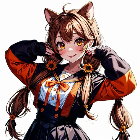 sisigami reona,solo,1girl,<lyco:sisigami reona_:0.7>,1girl, solo, virtual youtuber, animal ears, brown hair, flower, hair flower, hair ornament, long hair, tongue, tongue out, twintails, skirt, ahoge, white background, black skirt, sailor collar, ribbon, shirt, looking at viewer, simple background, cardigan, low twintails, sleeves past wrists, brown eyes, orange nails, smile, nail polish, hair between eyes, long sleeves, sunflower, bangs, white shirt, upper body, animal ear fluff, high-waist skirt, black sailor collar, brown cardigan, hair ribbon, blush, open cardigan, very long hair, yellow nails, open clothes, neck ribbon, yellow ribbon,<lora:flat2:-1>,<lora:boldline2:-0.5>